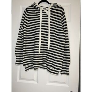 Gap Tunic Knit Pullover Hooded Striped Sweater Large Black Cream